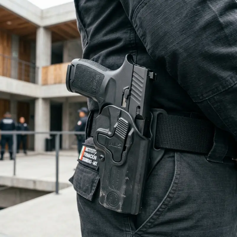 Detalle de equipo táctico legal para seguridad privada en México, incluyendo fornitura y equipo de comunicación sobre fondo profesional oscuro