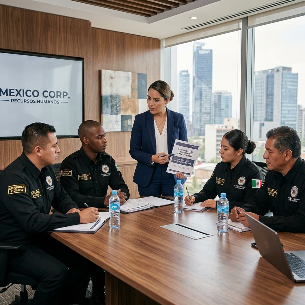 Gerente de recursos humanos revisando documentos de capacitación en seguridad corporativa