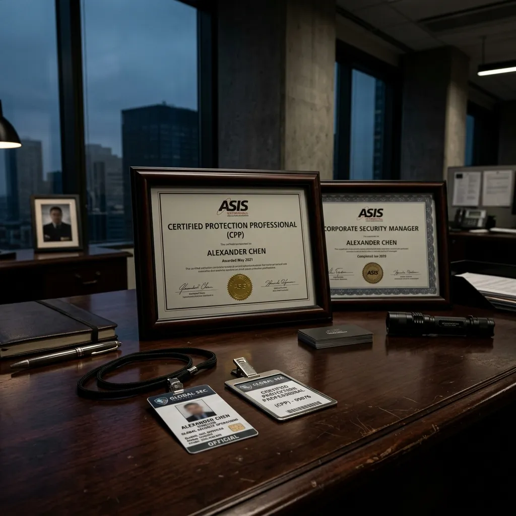 Ficha técnica de certificación profesional en seguridad privada sobre un fondo azul marino profundo, simbolizando acreditación y competencia oficial