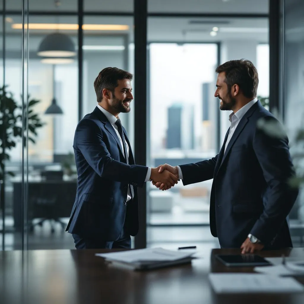 Directivo corporativo revisando propuestas de empresas de seguridad privada en una sala de juntas moderna