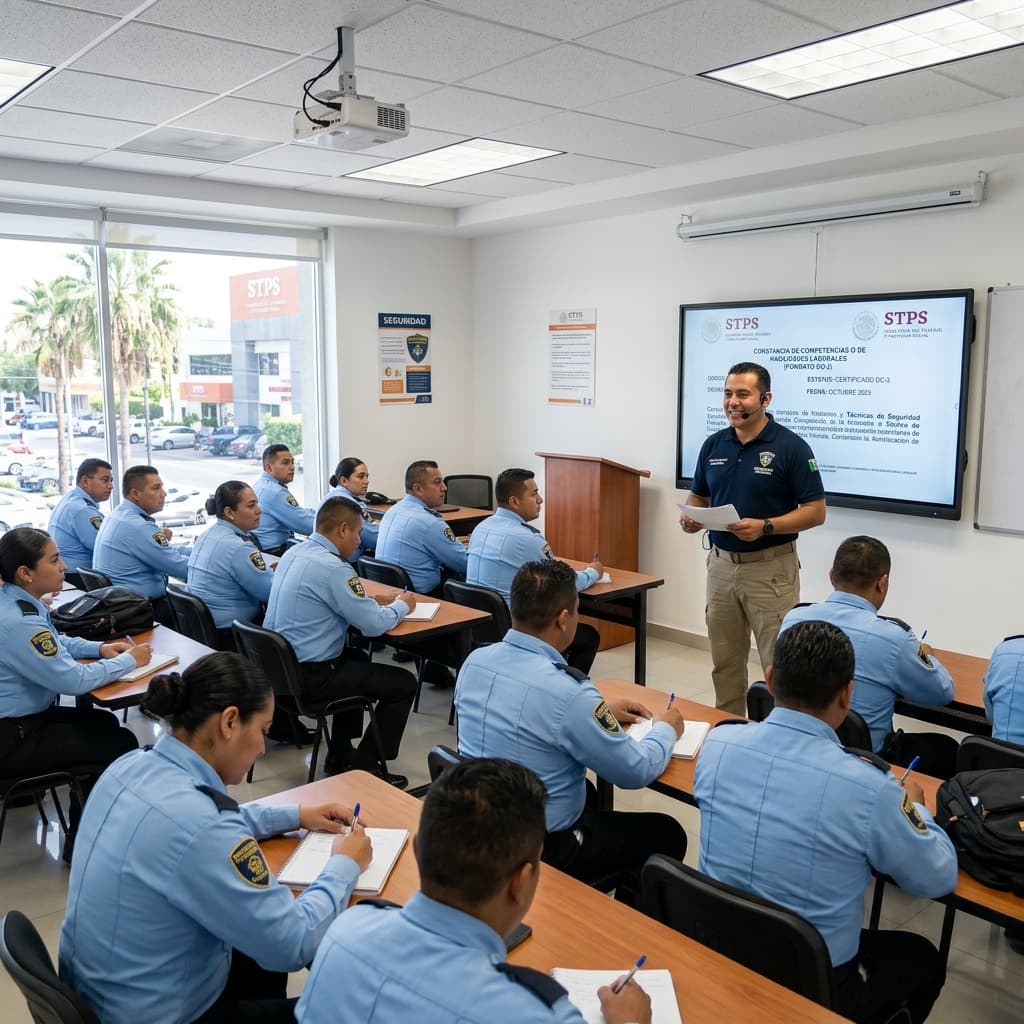 Profesor de seguridad privada impartiendo clase sobre certificación STPS en México