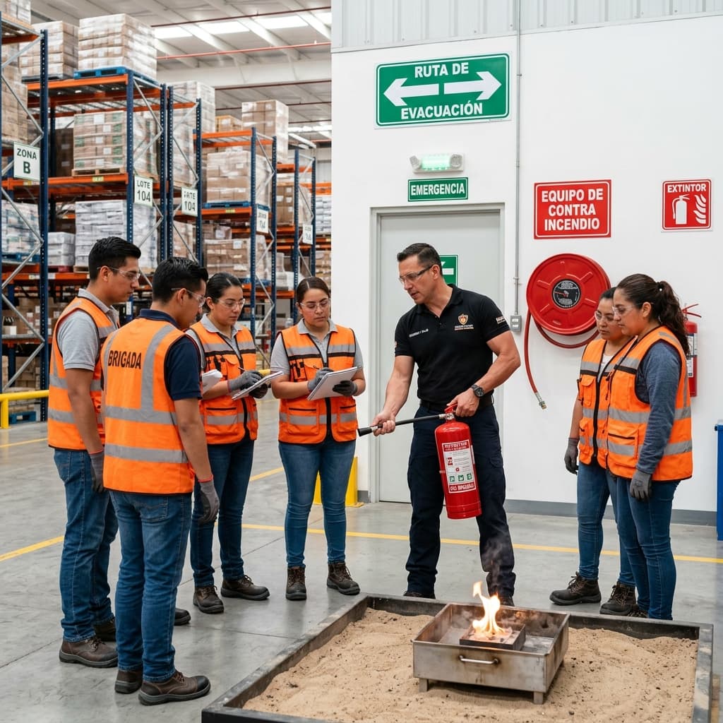 Equipo de brigadistas en chalecos anaranjados durante una sesión de capacitación práctica en una empresa en México