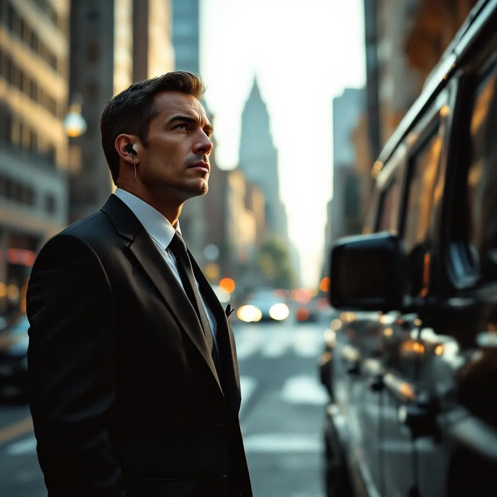 Escolta profesional en traje ejecutivo junto a un vehículo blindado en una zona urbana de México