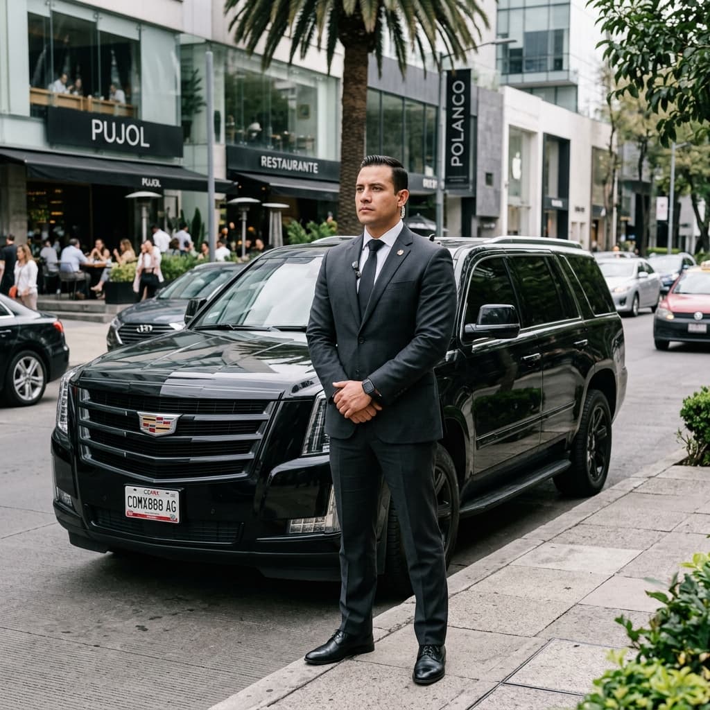 Escolta profesional en traje ejecutivo junto a un vehículo blindado en una zona urbana de México