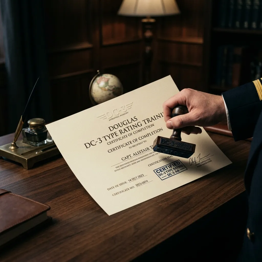 Diploma de certificación oficial con sello de validez sobre un escritorio ejecutivo de madera oscura