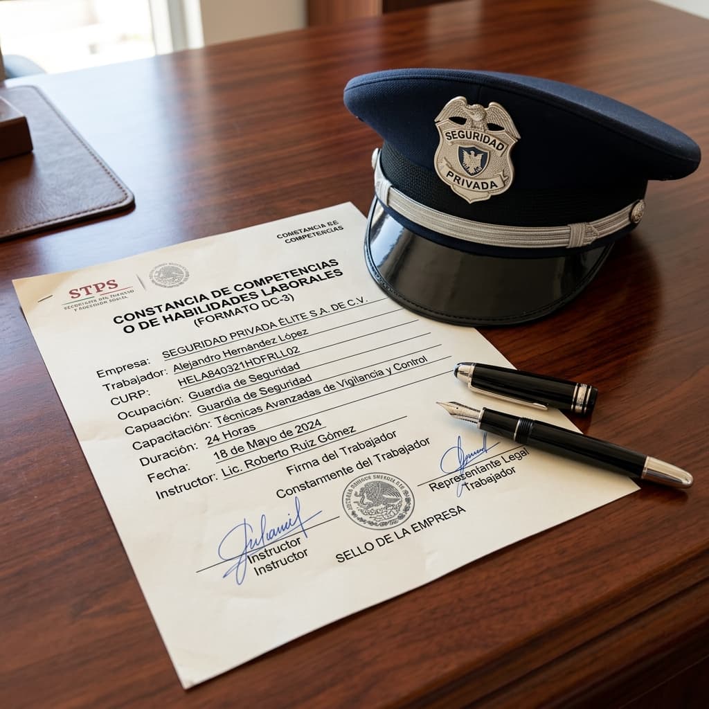 Documento oficial de constancia de habilidades laborales DC-3 STPS sobre un escritorio de oficina profesional