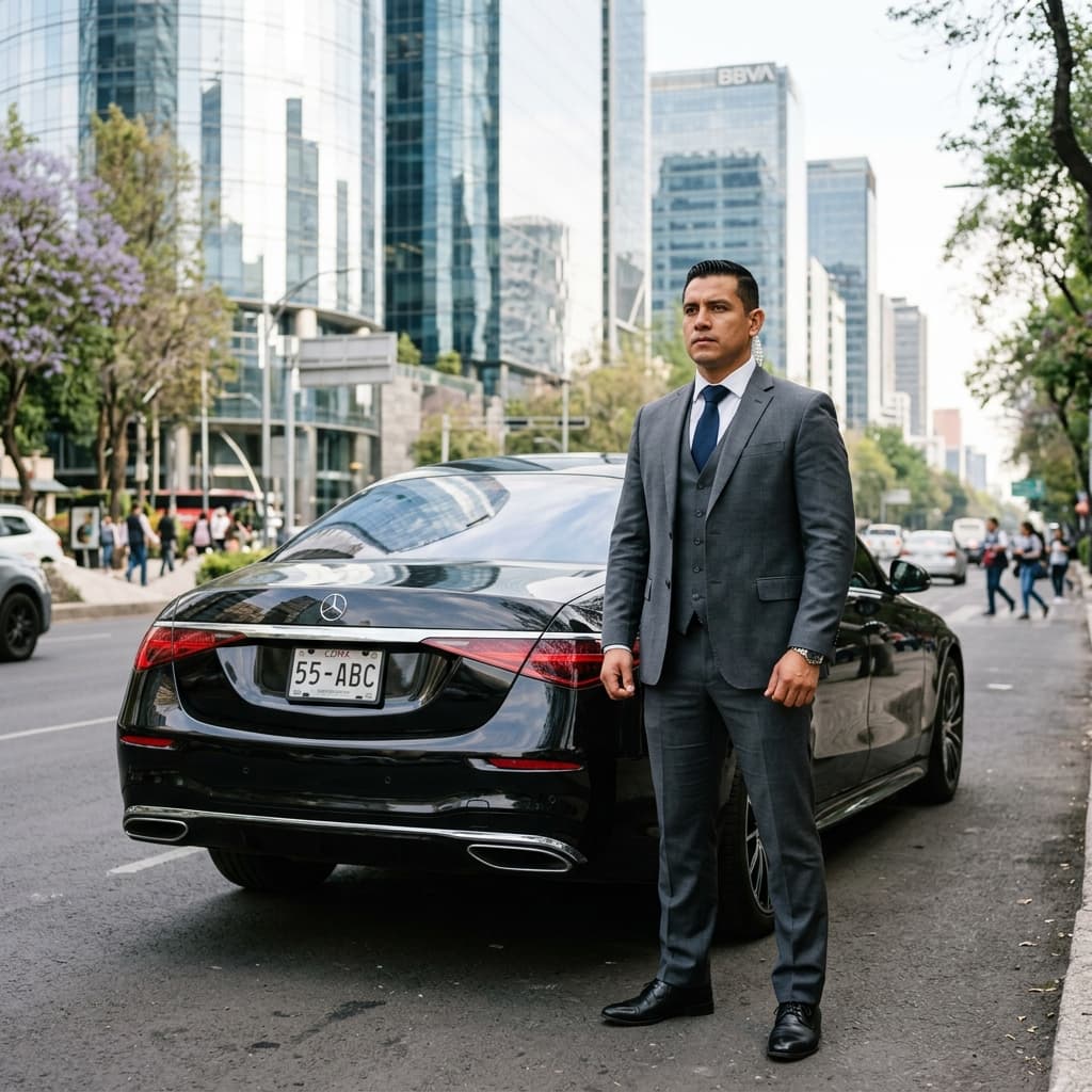 Escolta profesional en traje impecable junto a un vehículo ejecutivo en el distrito financiero de la Ciudad de México