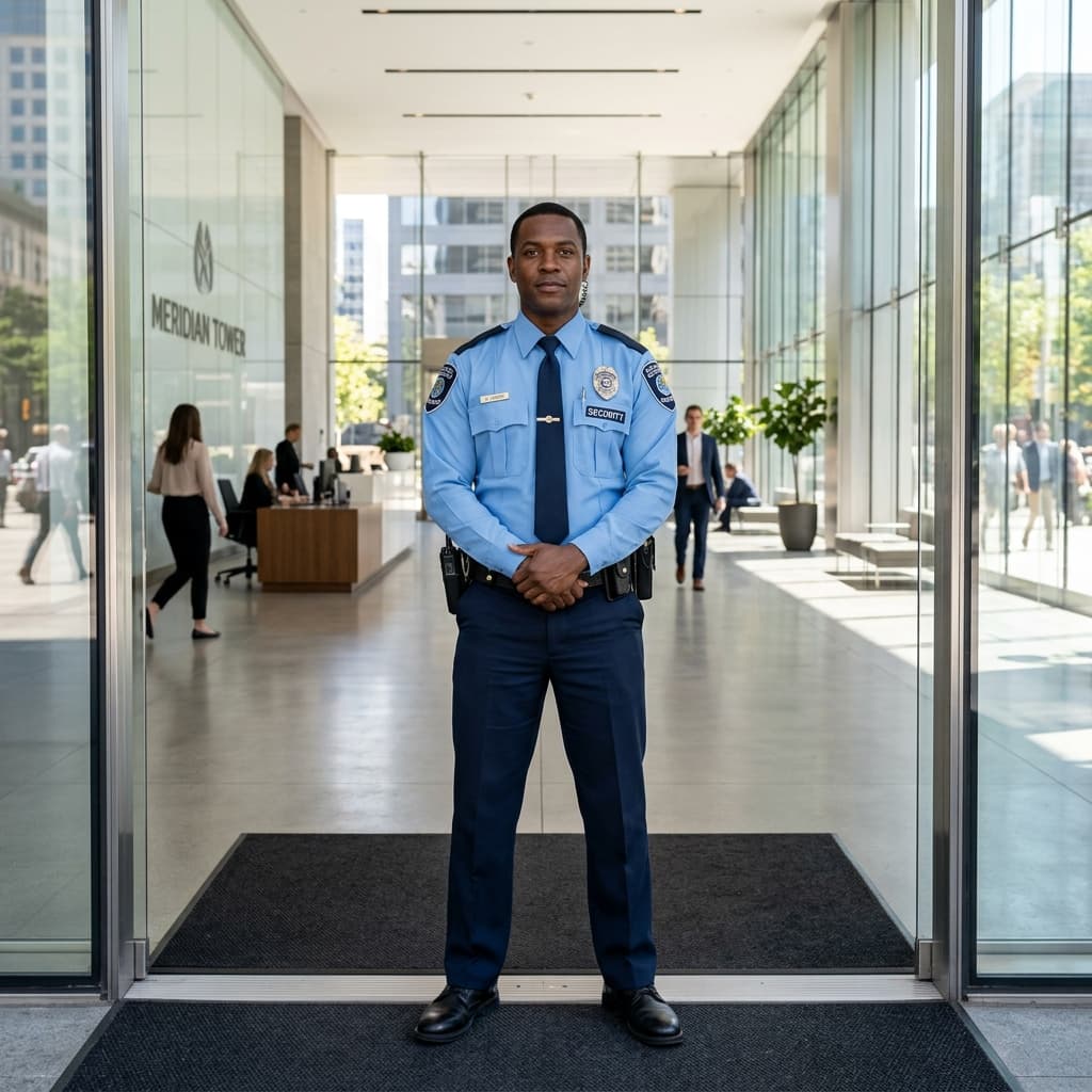 Guardia de seguridad uniformado en la entrada de un edificio corporativo moderno en México