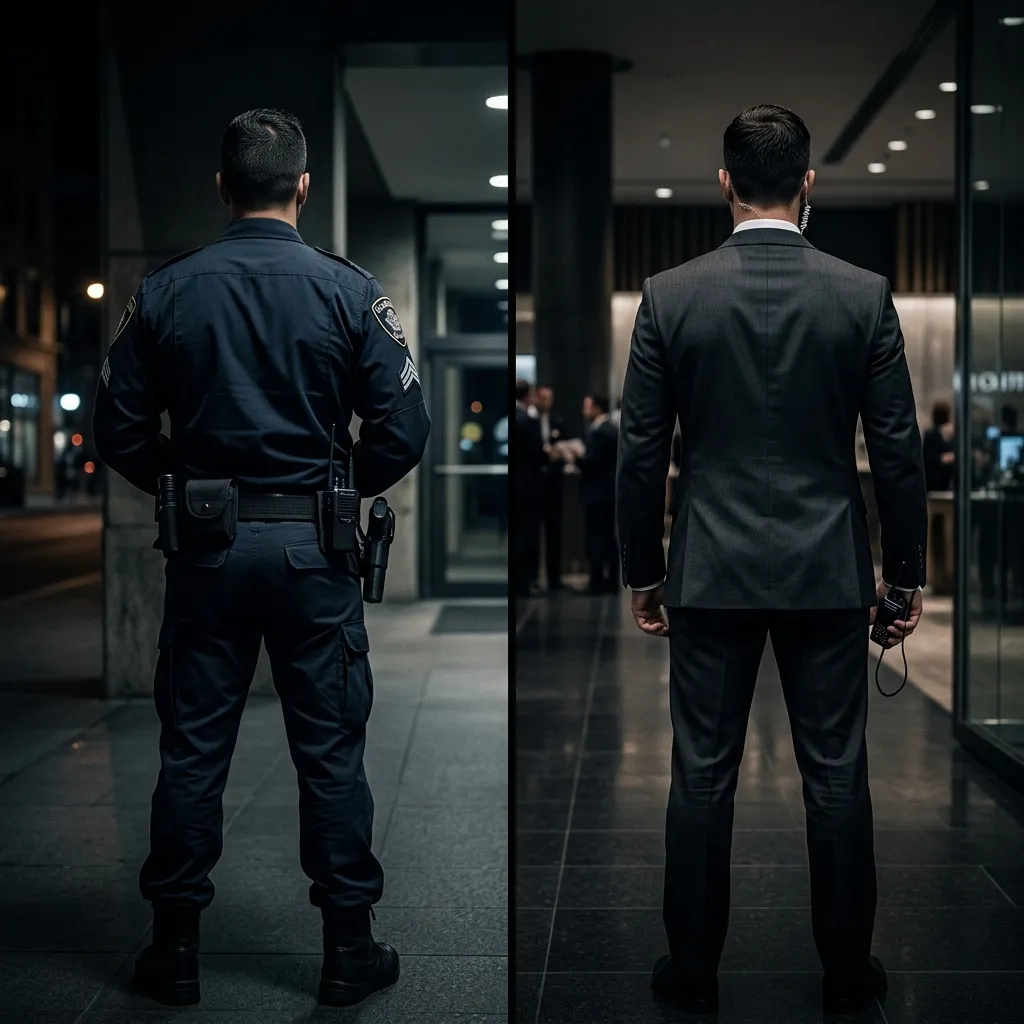 Comparativa visual entre guardia de seguridad uniformado y escolta ejecutivo CPO