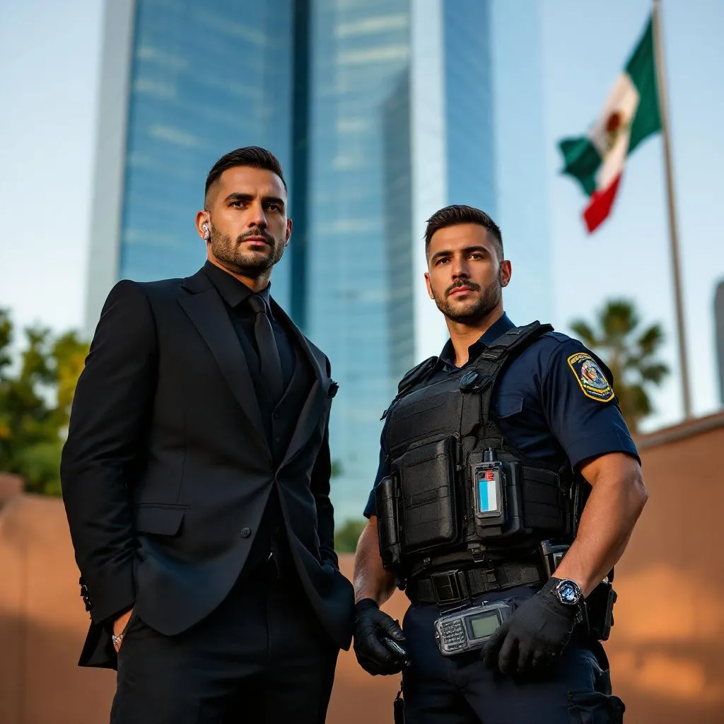 Comparación visual entre un escolta profesional y un guardia de seguridad uniformado en México