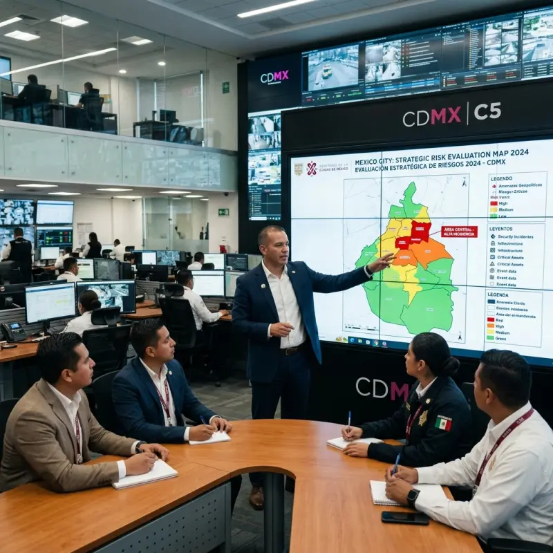 Profesional de seguridad realizando una evaluación de riesgos en instalaciones empresariales