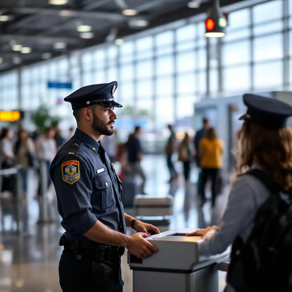Guardia de seguridad aeroportuaria realizando inspección en terminal de aeropuerto en México