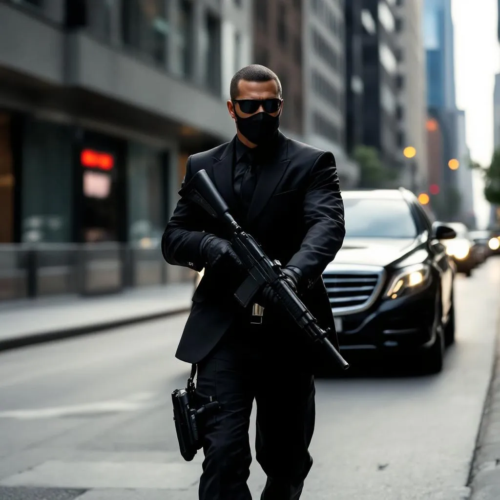 Escolta profesional demostrando habilidades de observación y comunicación en un entorno ejecutivo