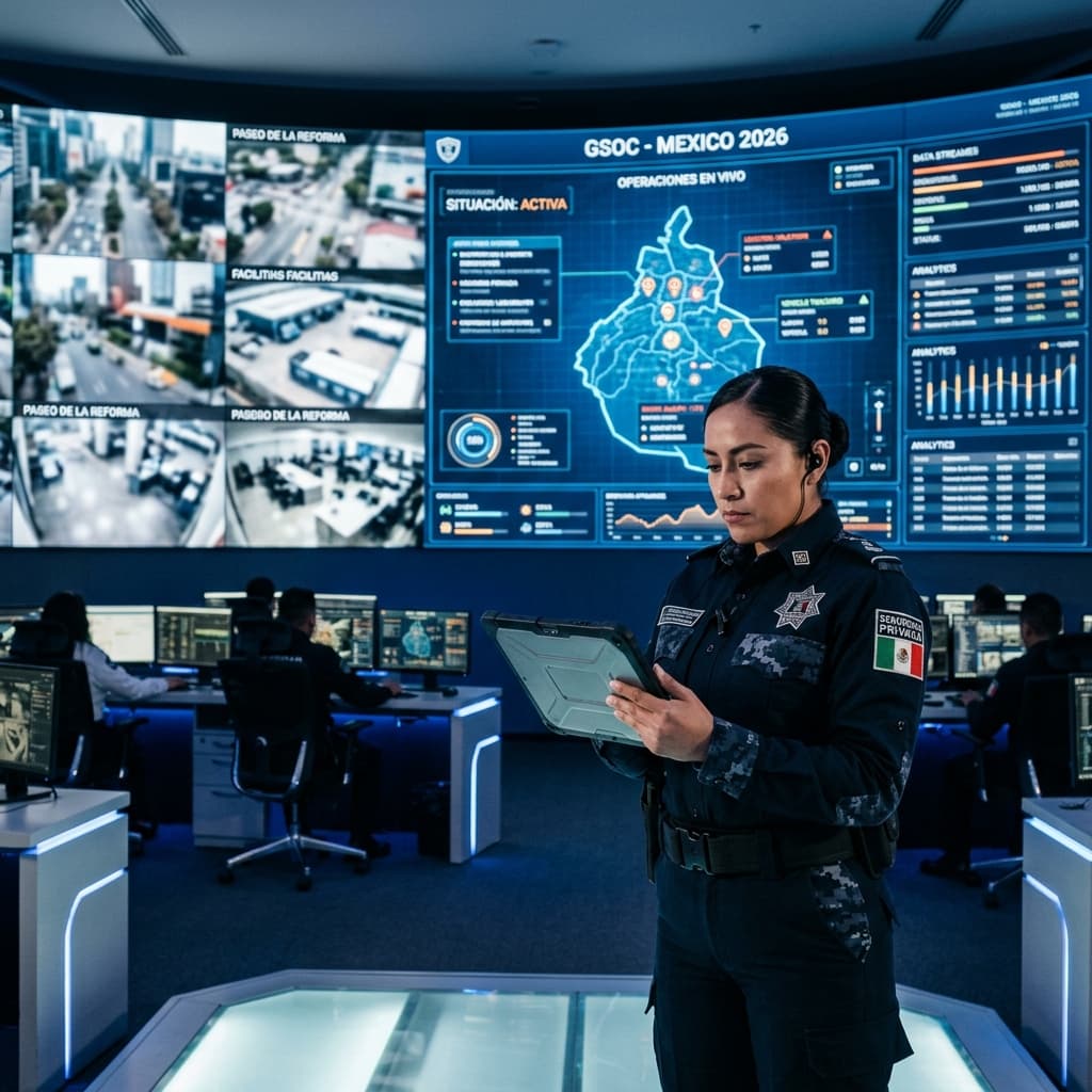 Visualización tecnológica de la industria de seguridad privada en México 2026 con centro de monitoreo avanzado