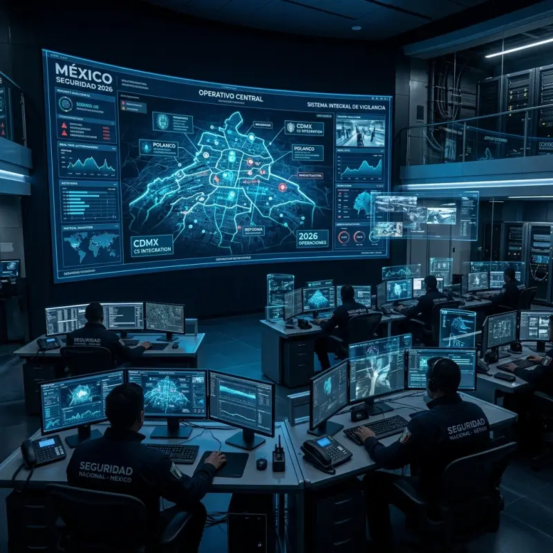 Visualización tecnológica de la industria de seguridad privada en México 2026 con centro de monitoreo avanzado