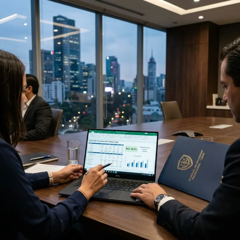 Equipo de seguridad privada capacitándose en un aula profesional con gráficas de ROI en pantalla