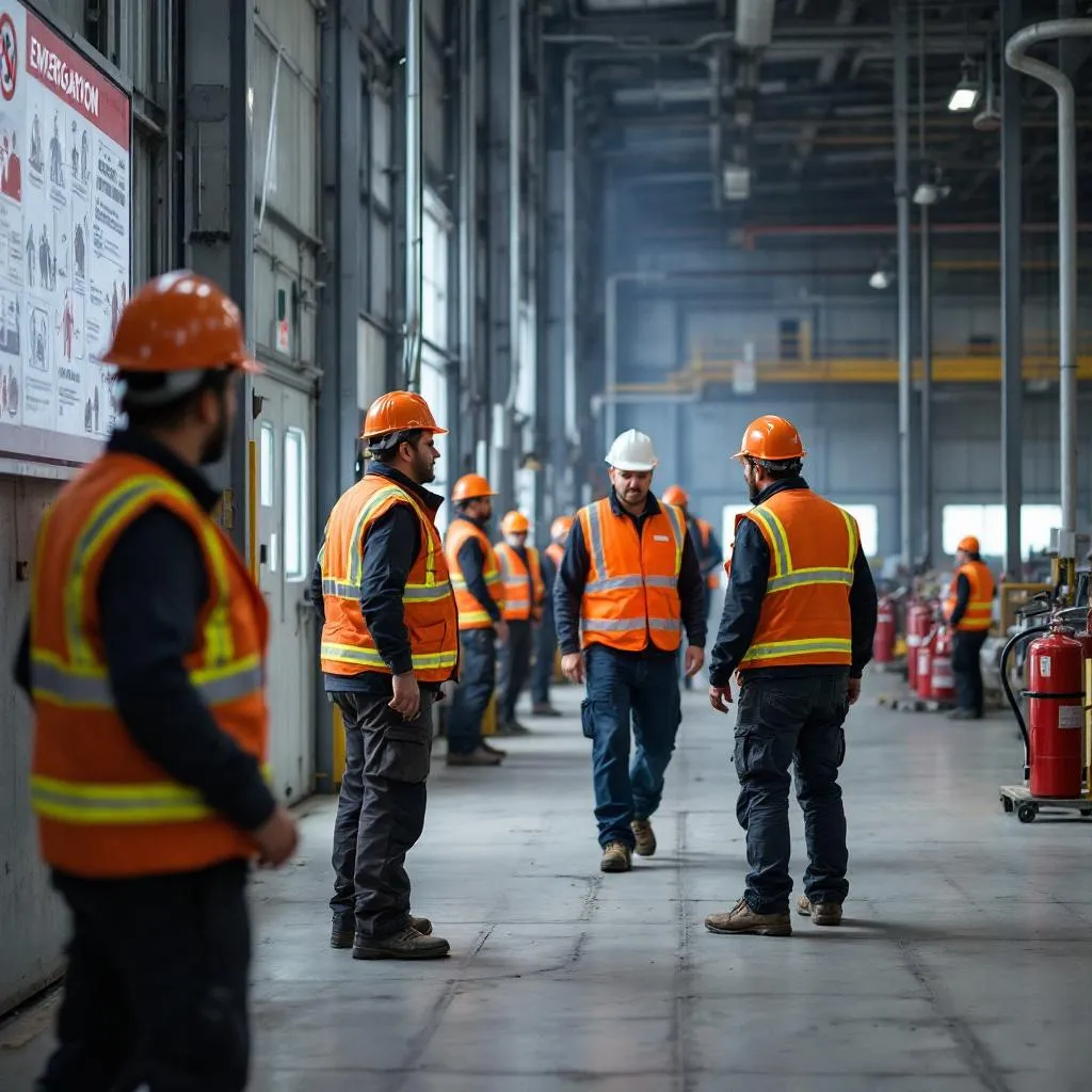 Brigadistas de protección civil uniformados con equipo de emergencia en un edificio corporativo moderno en México