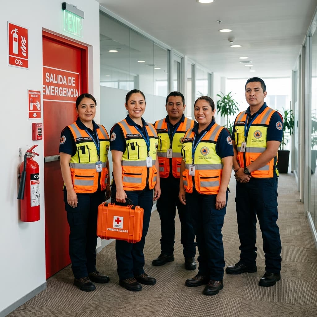 Brigadistas de protección civil uniformados con equipo de emergencia en un edificio corporativo moderno en México