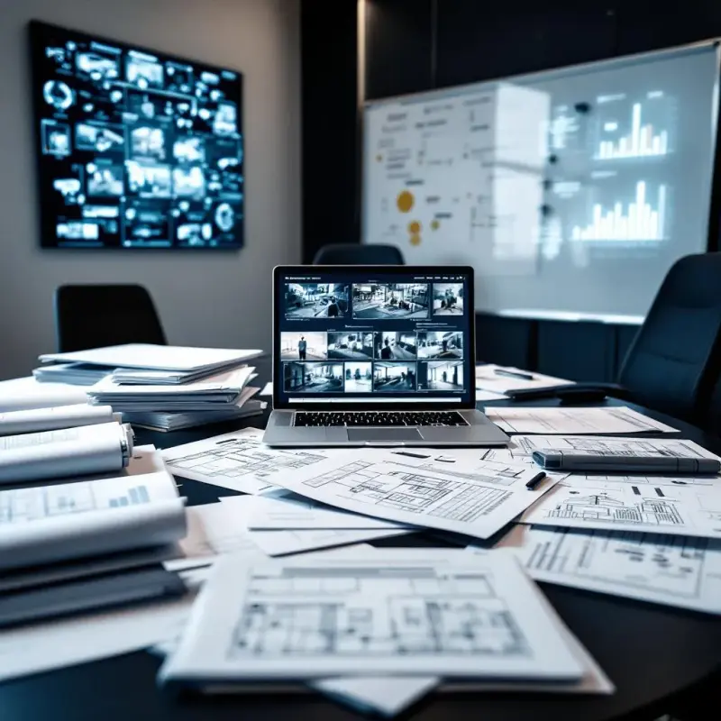 Director de seguridad revisando un plan de seguridad integral corporativo con diagramas de capas de protección