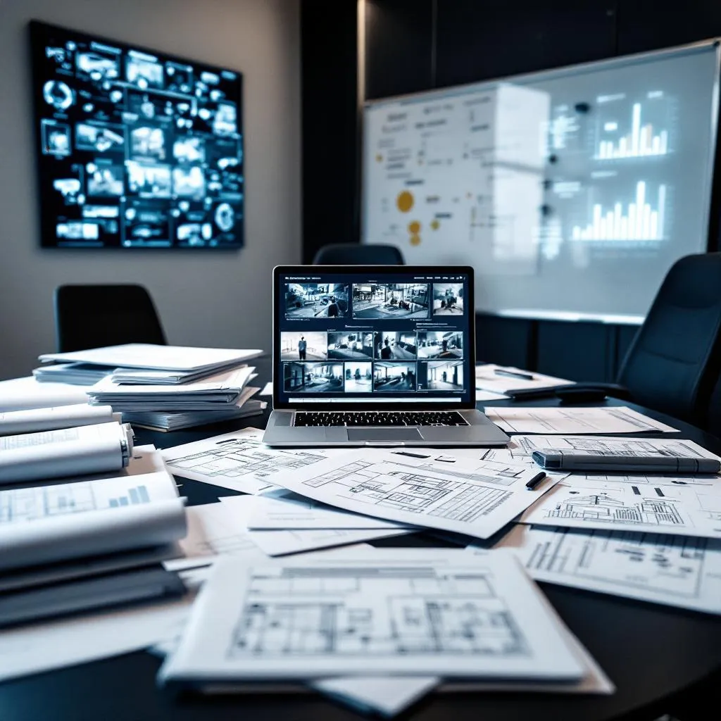 Director de seguridad revisando un plan de seguridad integral corporativo con diagramas de capas de protección