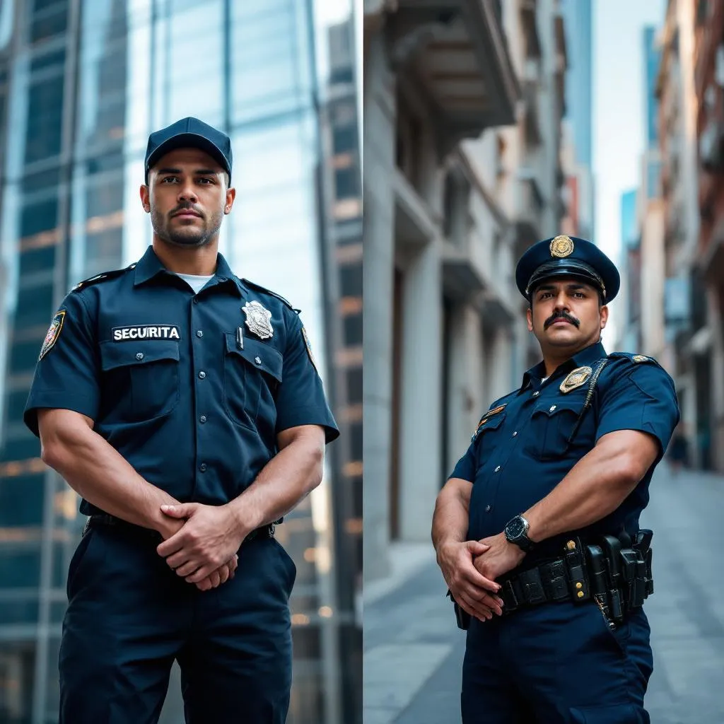 Comparativa visual entre un guardia de seguridad privada y un policía público en México, mostrando sus uniformes y entornos de trabajo