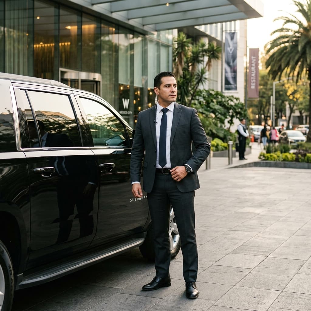 Profesional de protección ejecutiva (CPO) con traje impecable junto a un vehículo blindado en entorno corporativo