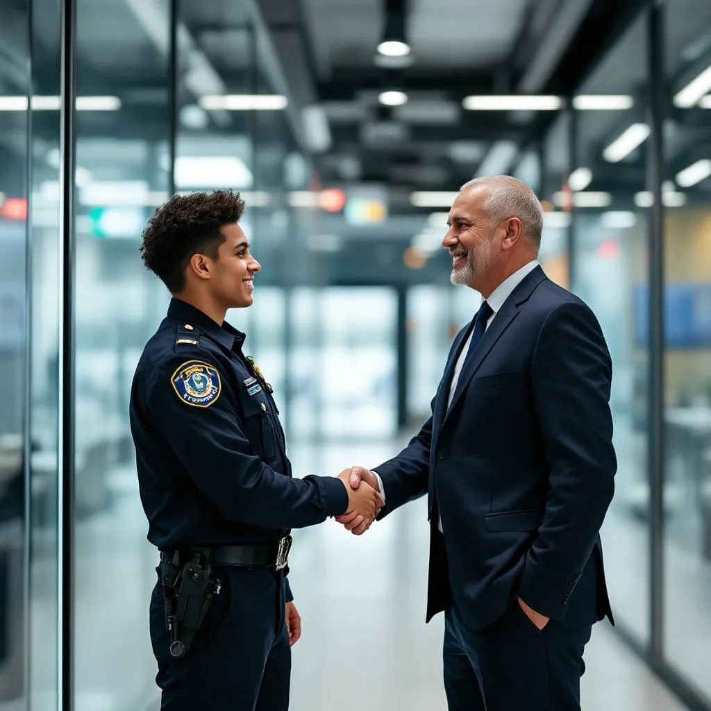 Guardia de seguridad profesional uniformado en la recepción de un edificio corporativo en México