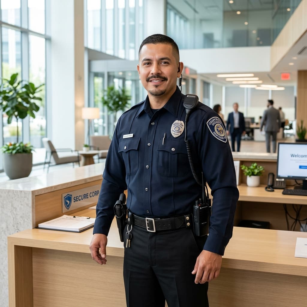 Guardia de seguridad profesional uniformado en la recepción de un edificio corporativo en México