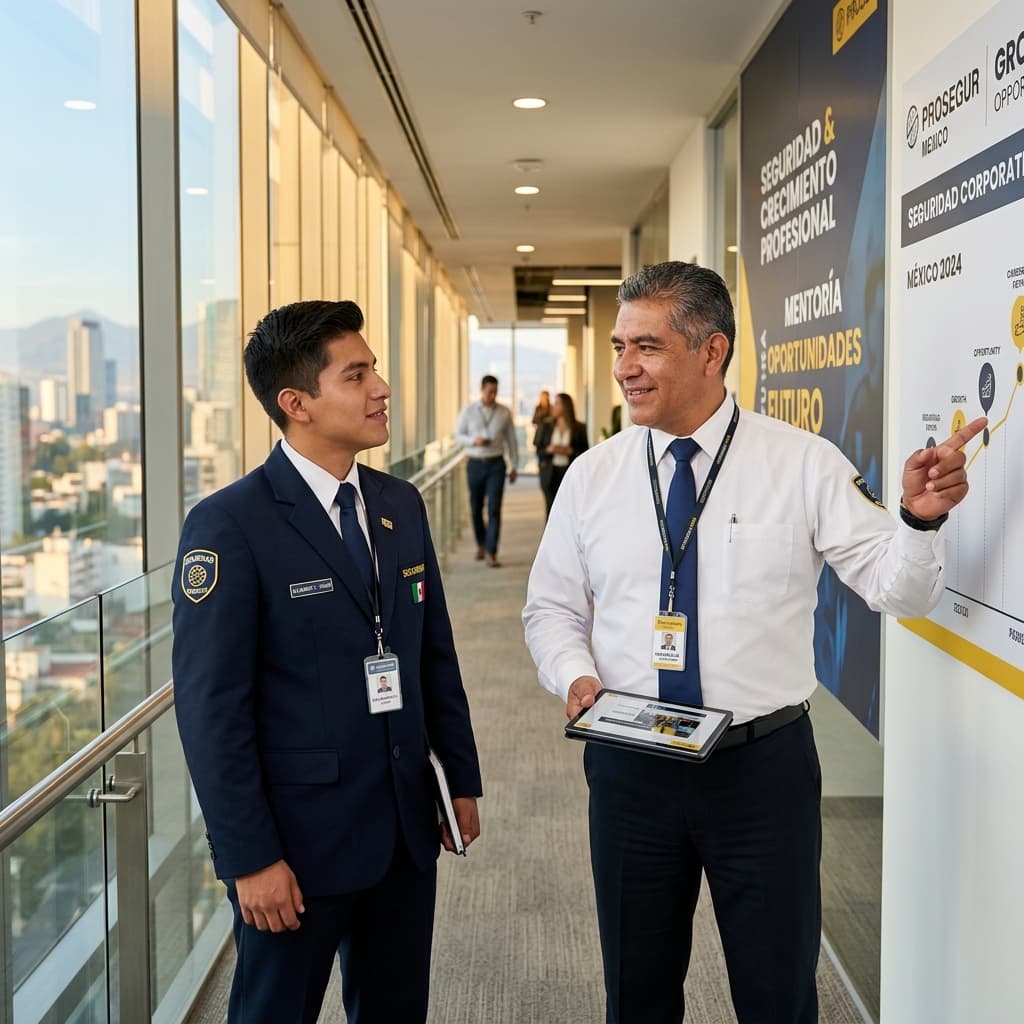 Supervisor de seguridad experimentado orientando a un nuevo guardia en un entorno corporativo moderno
