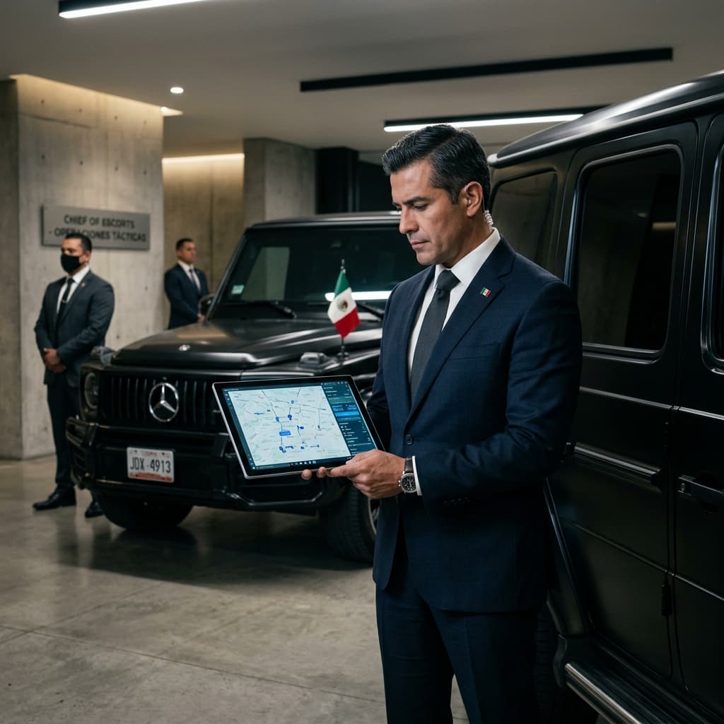 Líder de esquema de protección ejecutiva (jefe de escoltas) coordinando una operación estratégicamente