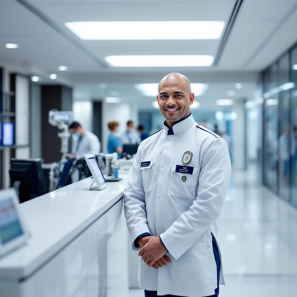 Guardia de seguridad hospitalaria en el acceso principal de un hospital moderno en México