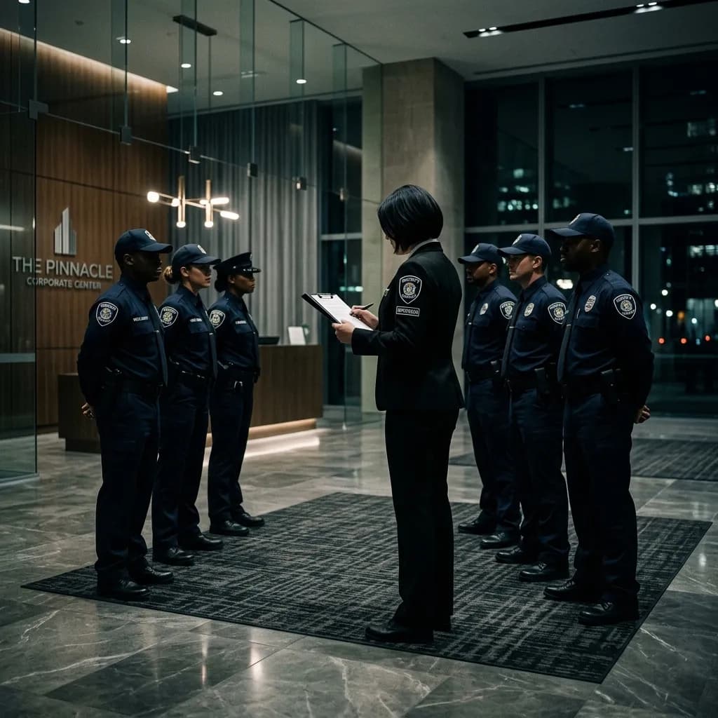 Supervisor de seguridad profesional inspeccionando equipo en un entorno corporativo moderno con iluminación cinematográfica.