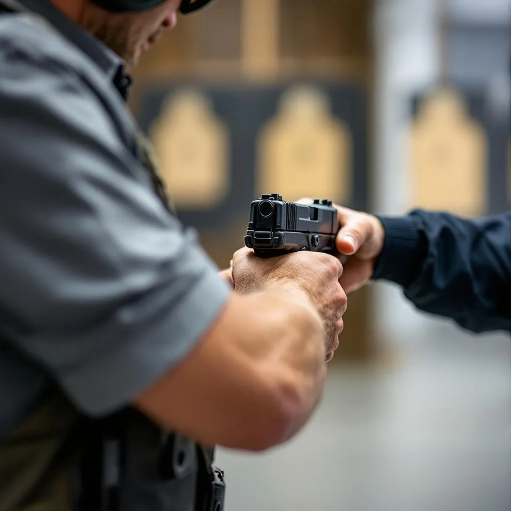Profesional de seguridad practicando técnicas de tiro defensivo en un escenario de entrenamiento en México