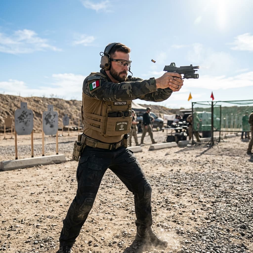 Instructor de tiro táctico experimentado en posición de combate durante un entrenamiento avanzado en México