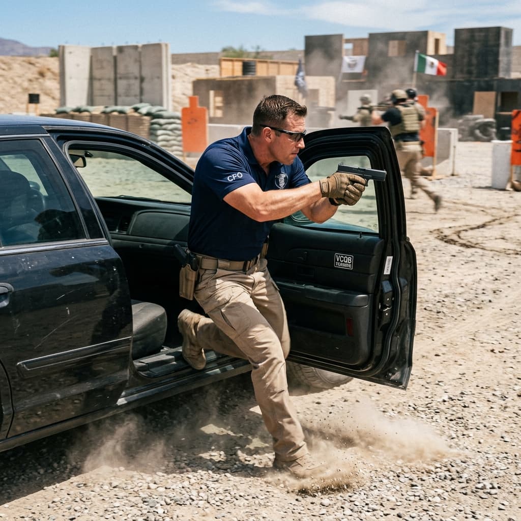 Escolta profesional realizando un desmontaje táctico bajo fuego durante un entrenamiento VCQB en México