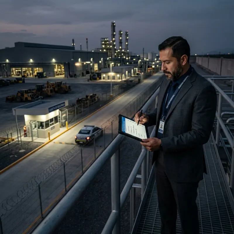 Supervisor de seguridad realizando una auditoría con checklist en una instalación empresarial