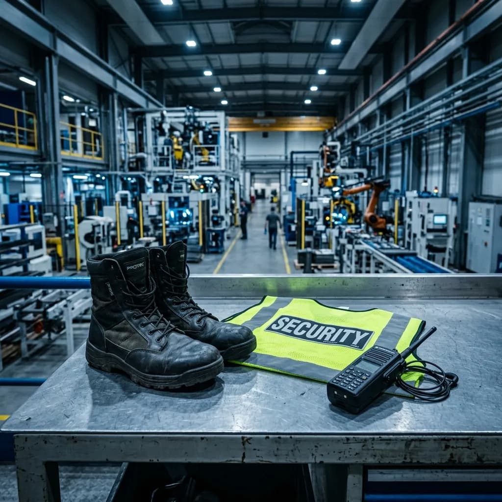 Guardia de seguridad industrial supervisando acceso vehicular en planta manufacturera en México