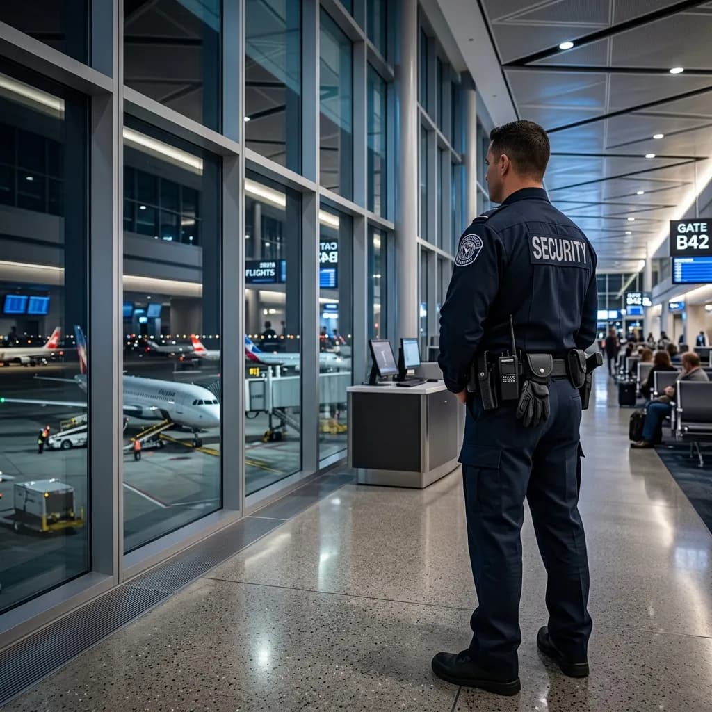 Seguridad aeroportuaria supervisando el flujo de pasajeros en una terminal moderna