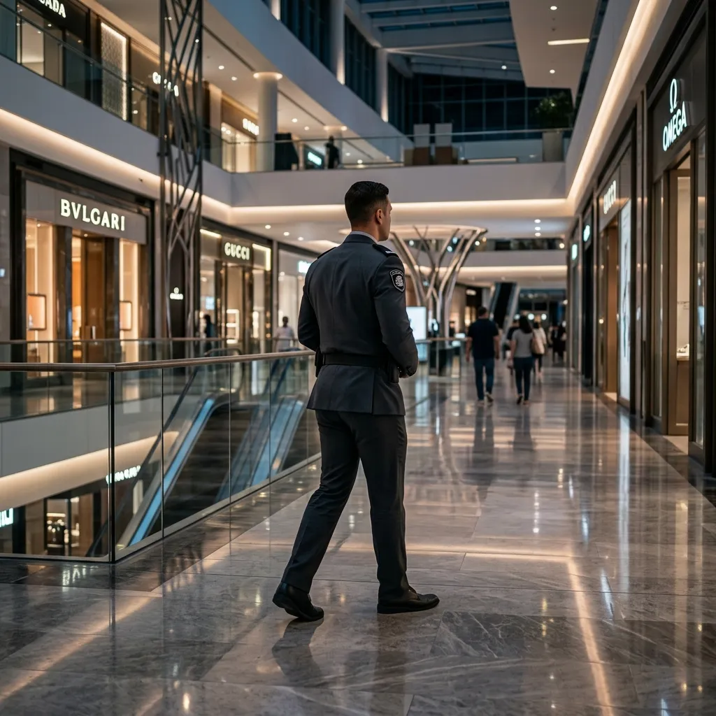Seguridad en centros comerciales monitoreando áreas comunes con presencia profesional