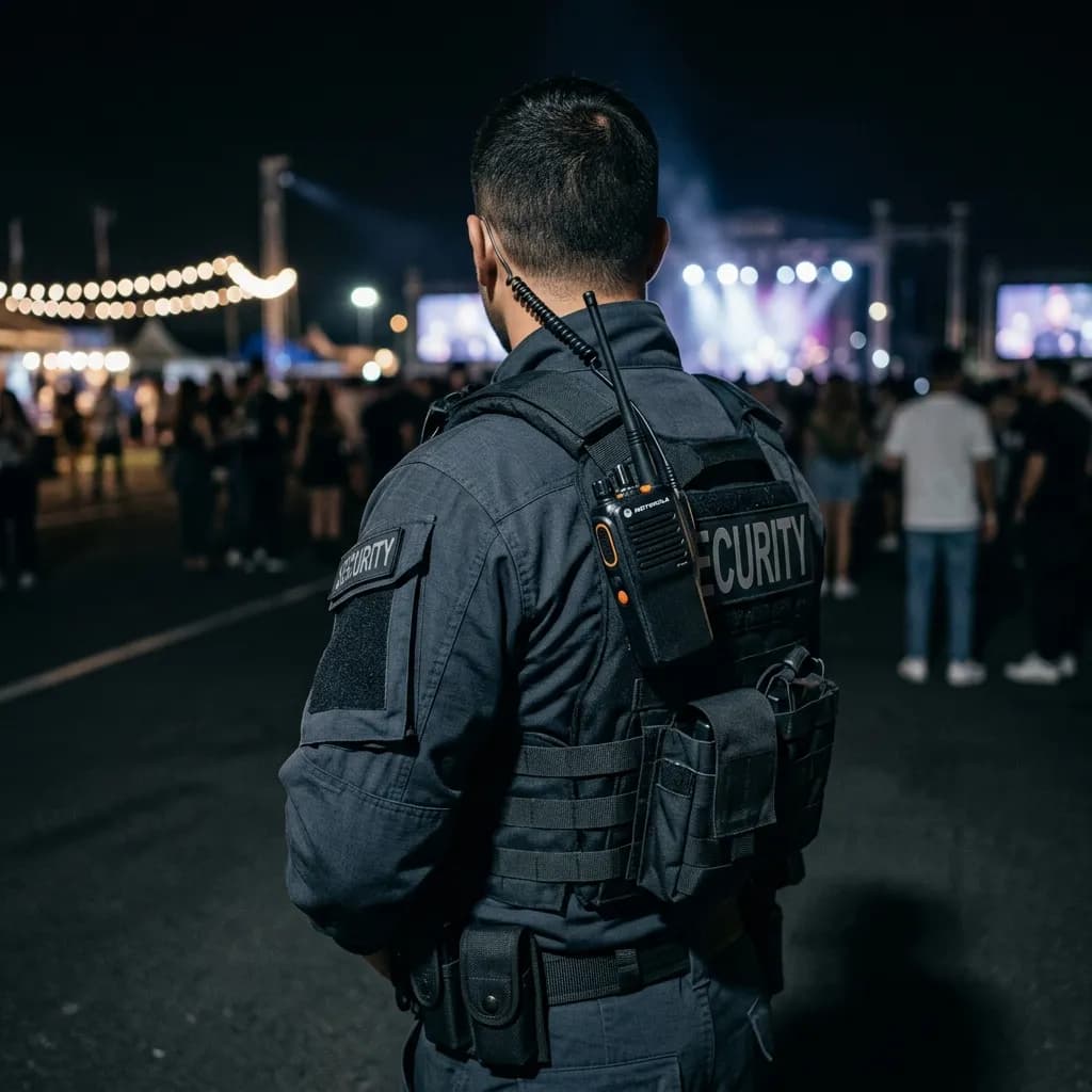Personal de seguridad privada coordinando logística en un evento masivo, estilo corporativo premium