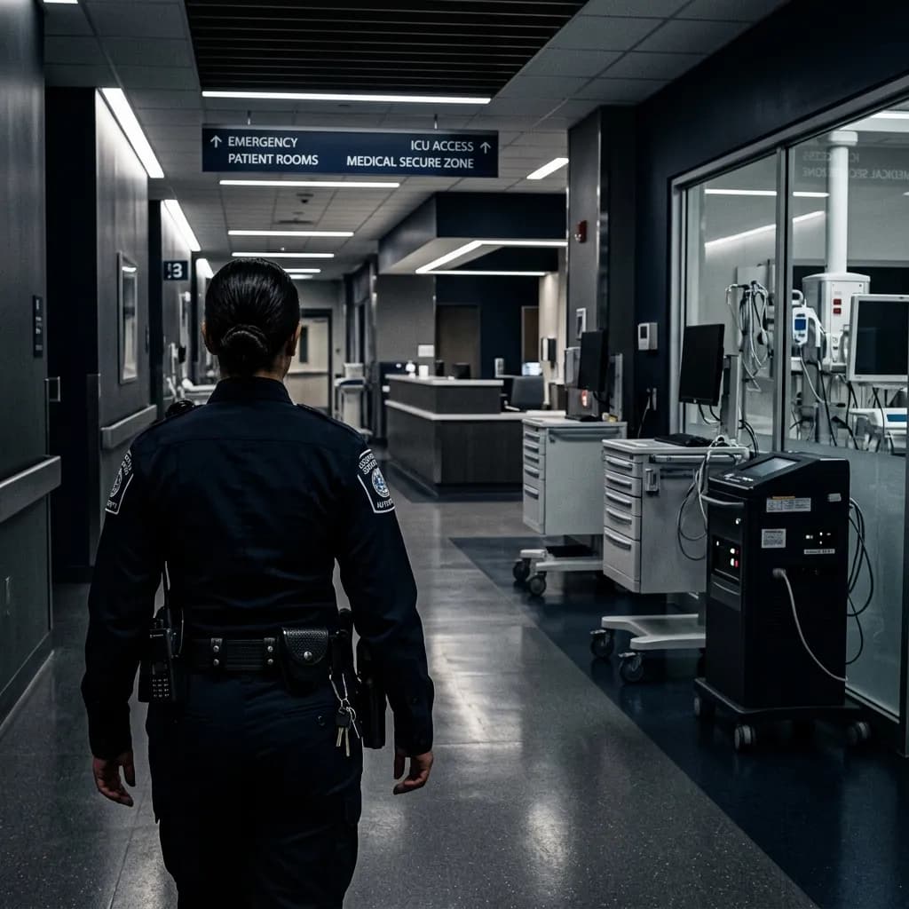 Guardia de seguridad hospitalaria profesional en la recepción de un centro médico moderno, vista cinemática face-free