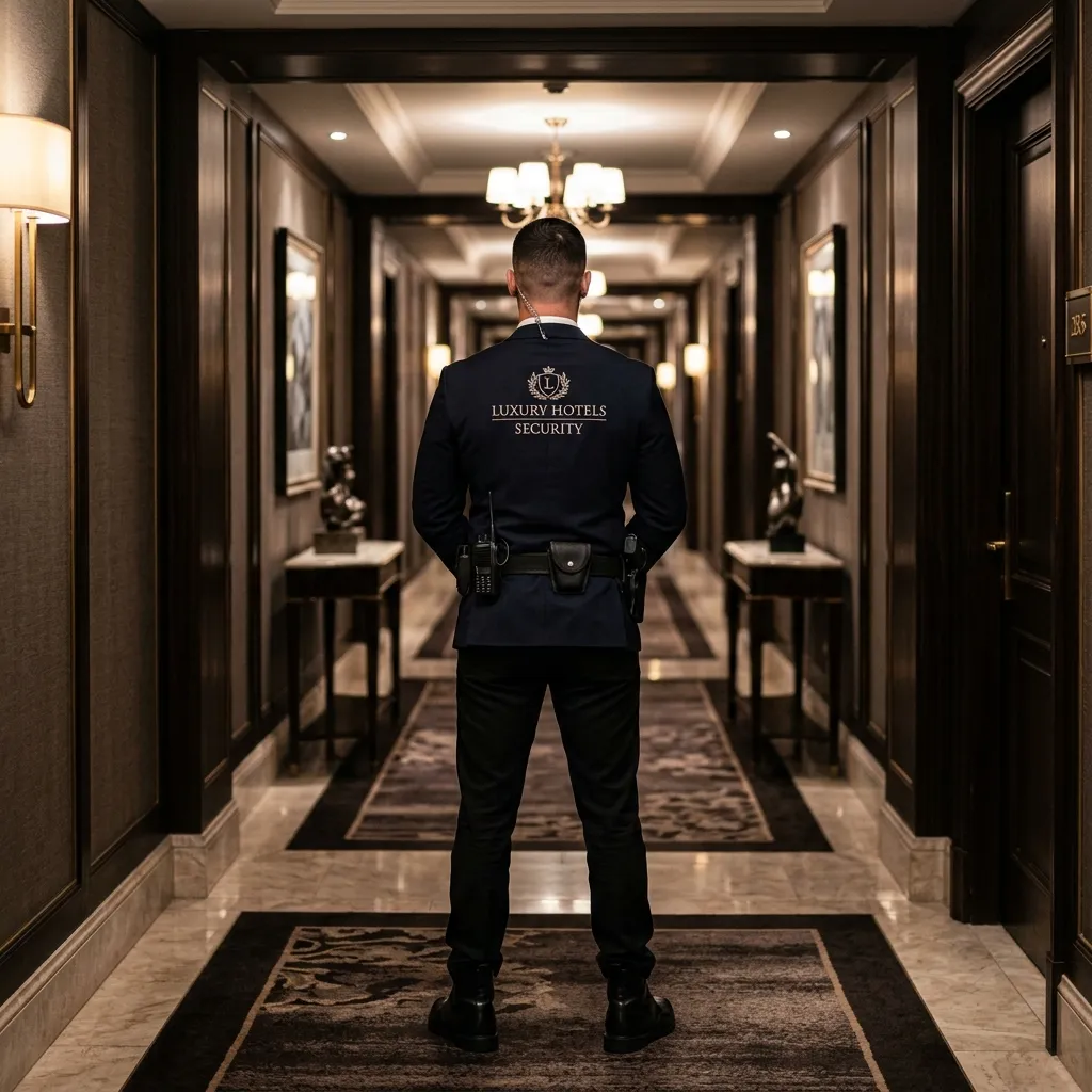 Guardia de seguridad hotelera brindando protección discreta en el lobby de un resort de lujo