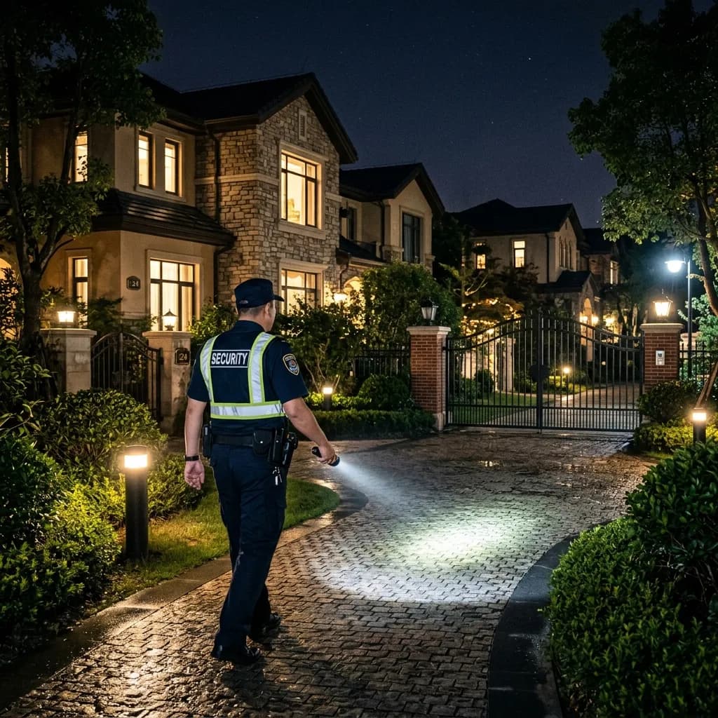 Guardia de seguridad profesional patrullando un complejo residencial de lujo bajo iluminación nocturna cinematográfica.