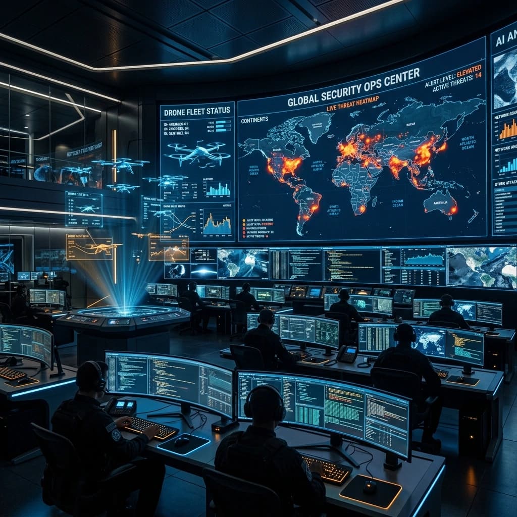 Ilustración de tecnologías avanzadas en seguridad privada: inteligencia artificial, drones y monitoreo biométrico
